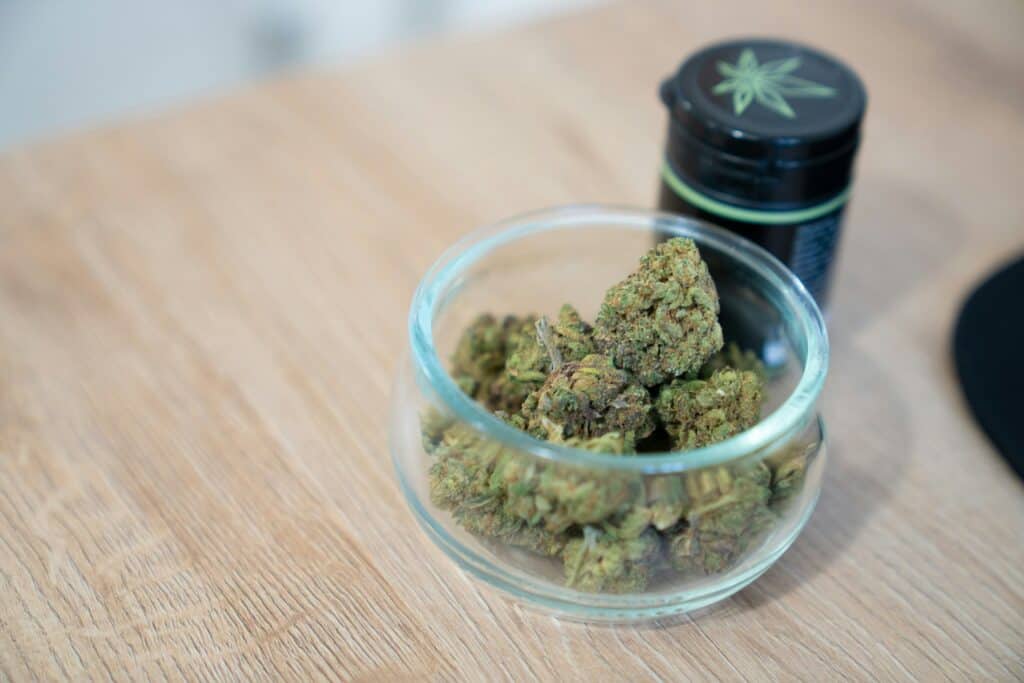 Highvendor Boston Tea Party #22 cannabis strain in a glass bowl.
