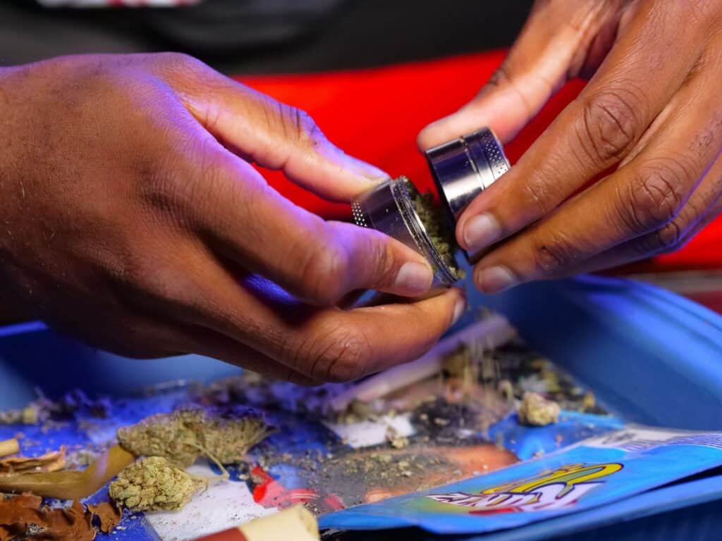 Hands preparing cannabis concentrates with metal tools on a blue surface.